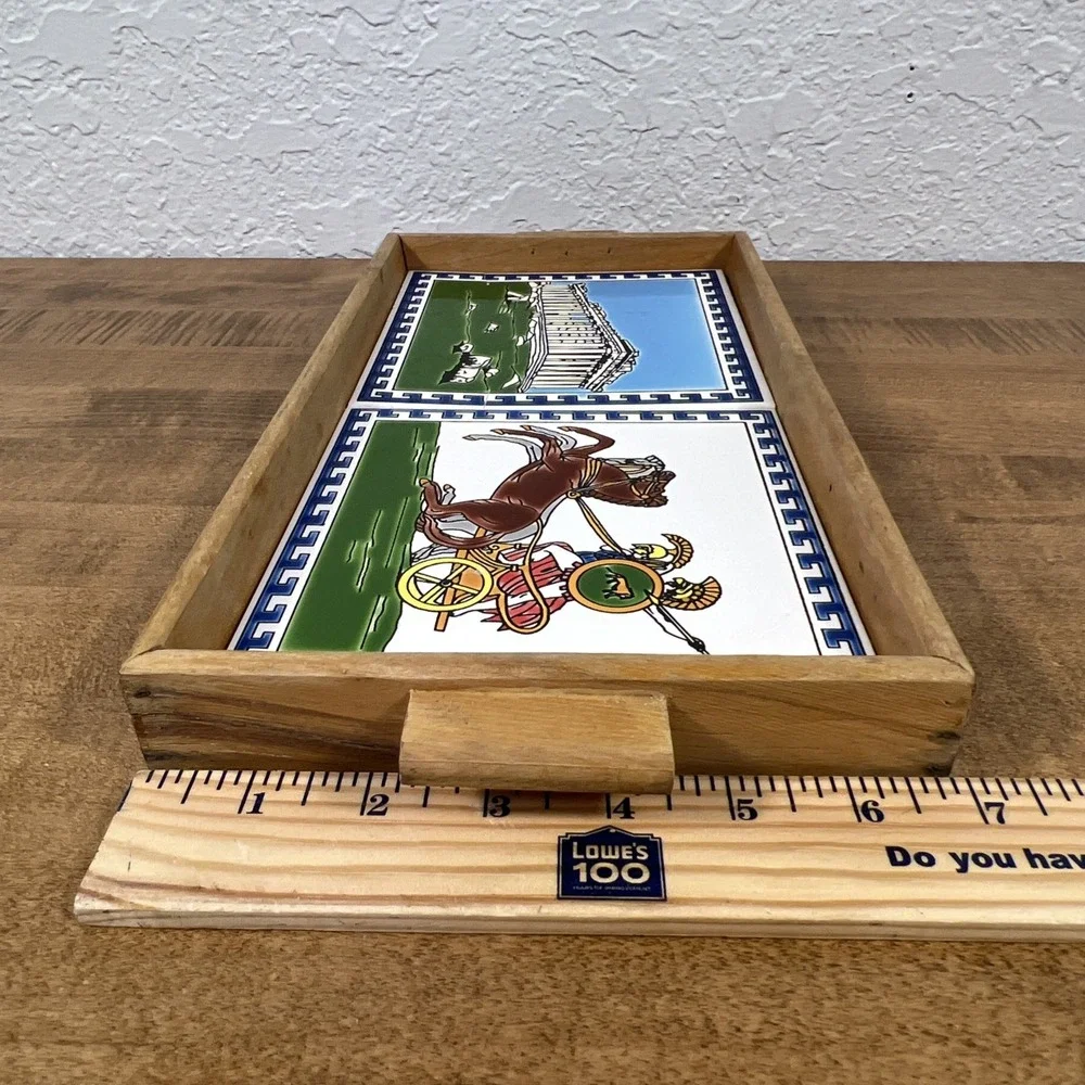 Vintage Greek Ceramic Tile‎ Art Trivet w/ Wood Frame Wooden Tray